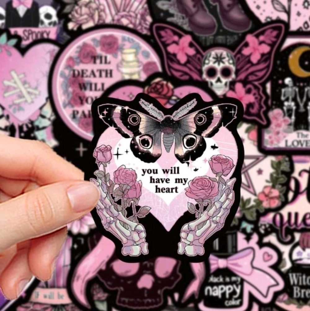 Pink pastel goth anime heart skull crystal butterfly vinyl sticker 50 piece asso - Picture 5 of 8